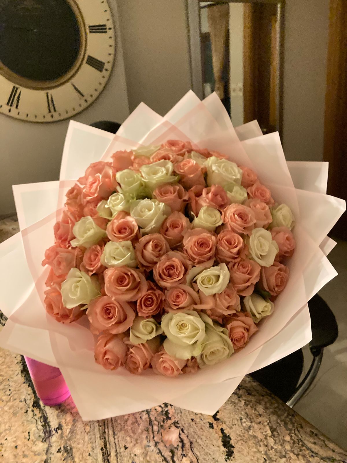 Peach and white rose box arrangement